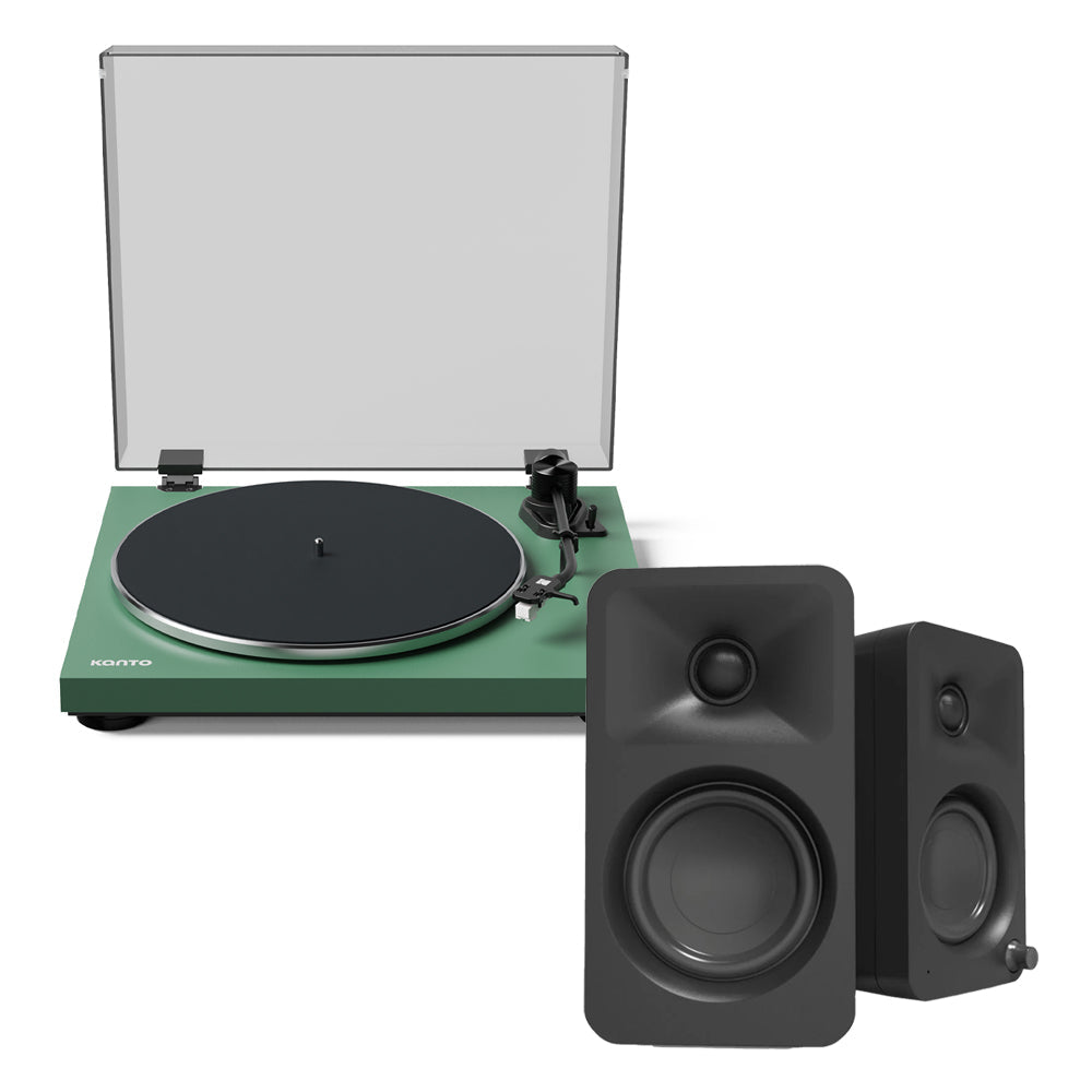 Kanto OBI3 Turntable - Matte Green with Kanto ORA 100W Powered Speakers - Black Bundle-Kanto-Mood