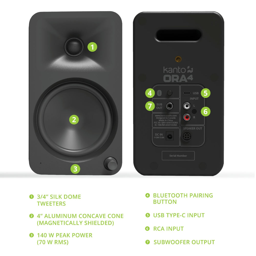 Kanto ORA4 140W Powered Reference Speakers with USB-C Input and Bluetooth - Black, Pair-Kanto-Mood