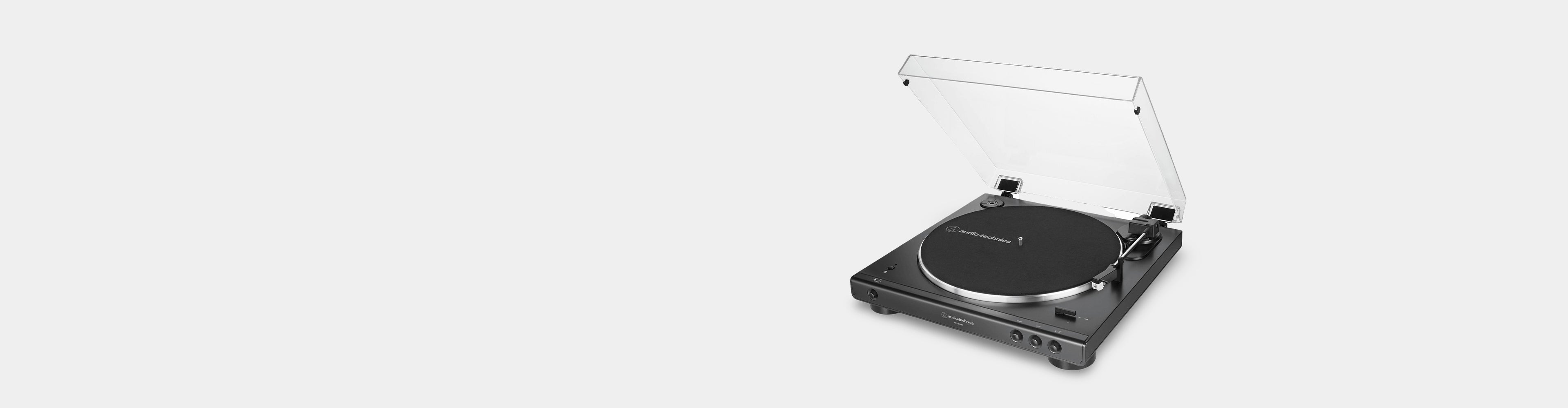 Black turntable on a white background